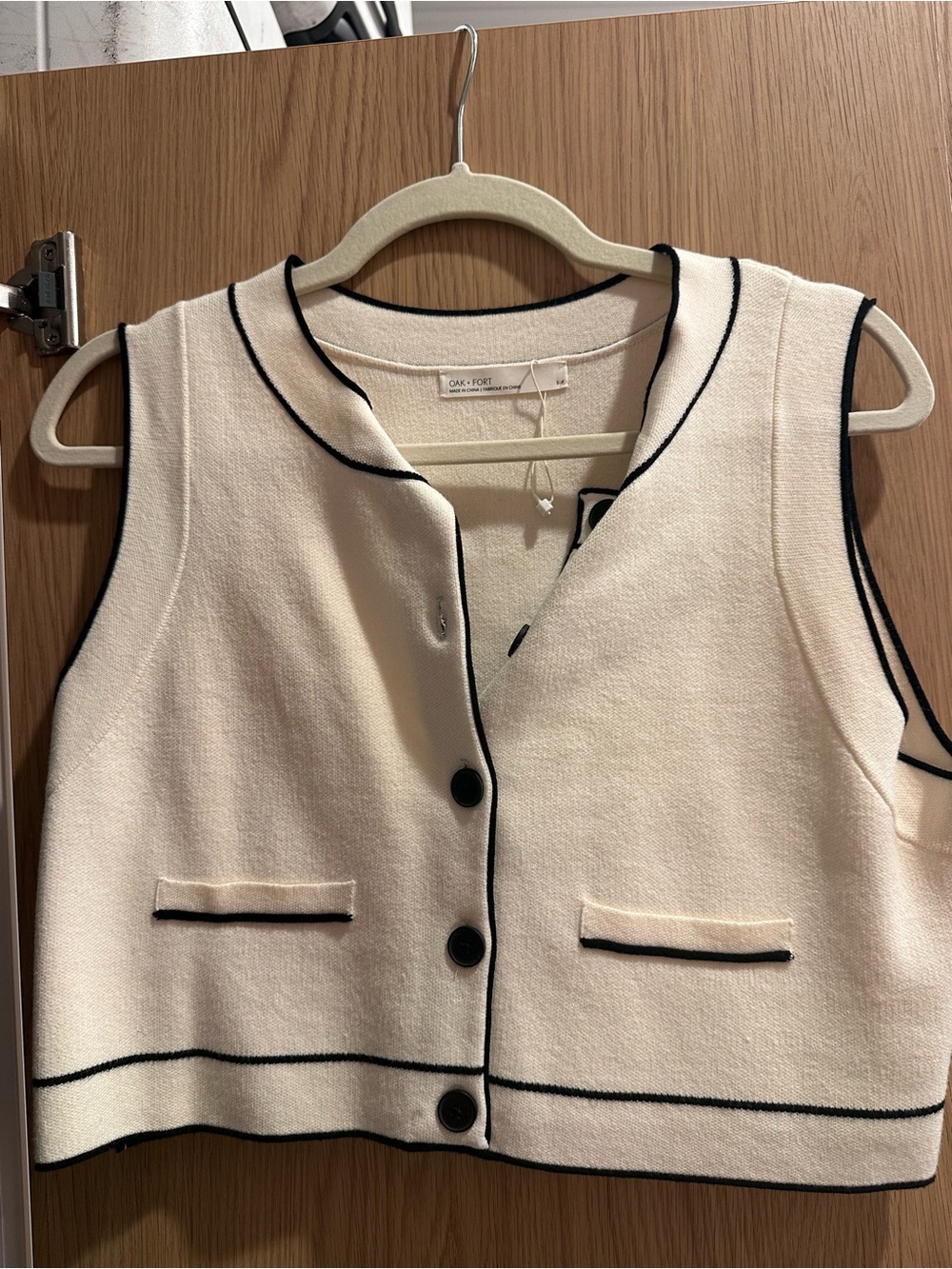 OAK + FORT Cream Knit Vest with Black Trim